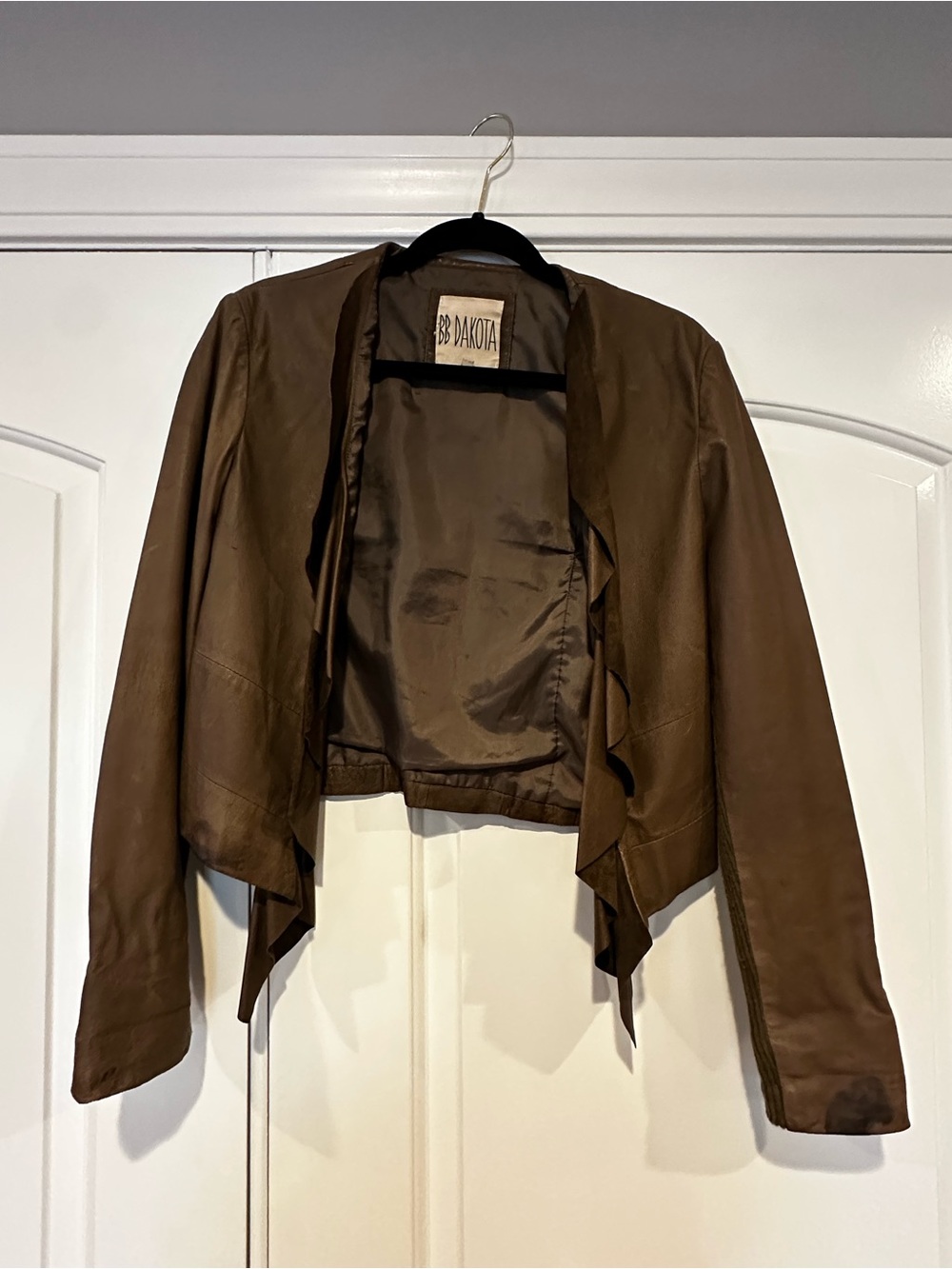 BB Dakota Brown Leather Drape Front Jacket